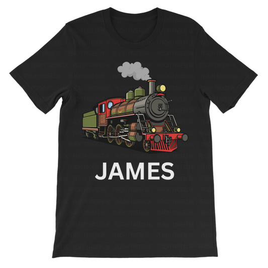 Kids custom name black T-shirt with a colourful steam train design and personalised name.