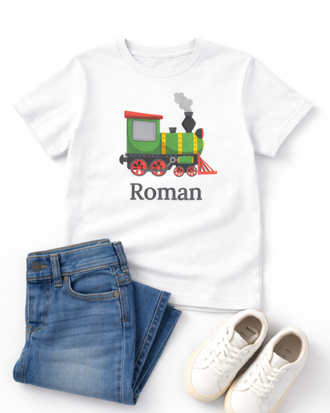 Personalised steam train white kids t-shirt with name Roman, styled flat lay with denim jeans and white trainers on white background