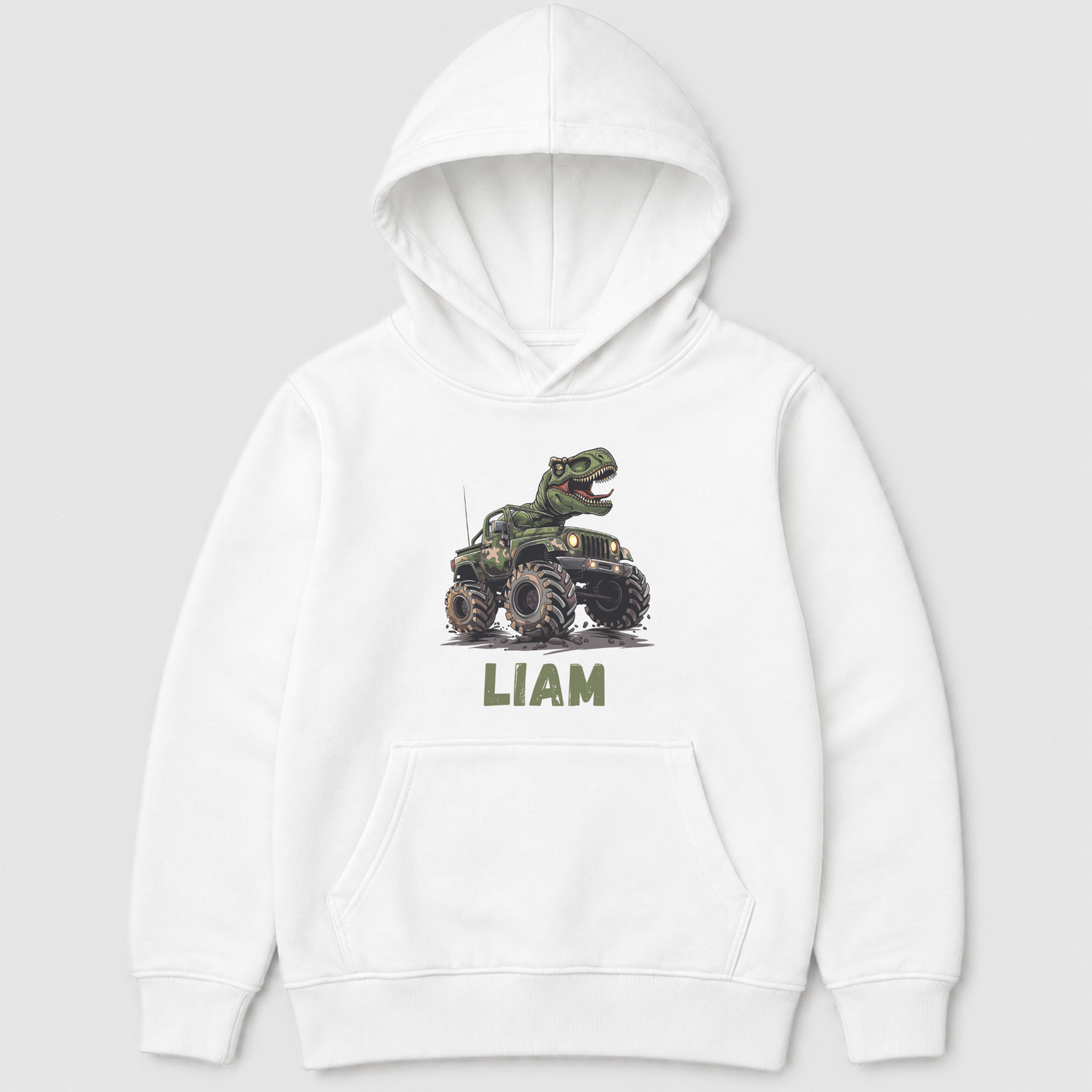 Kids white hoodie with T-Rex riding camo monster truck and green personalised name Liam on the front