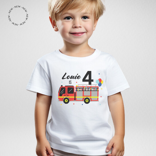 Kids Personalised Birthday Fire Engine T-shirt | 3 - 8 years
