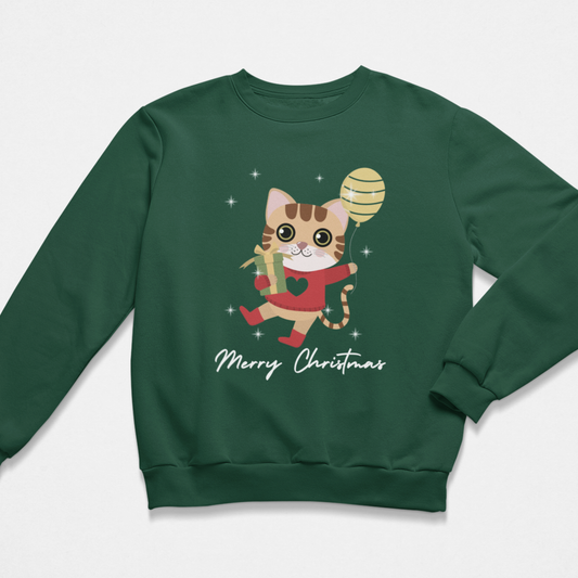A kids dark green crewneck sweatshirt featuring a cartoon illustration of a cute orange tabby cat wearing a red Christmas sweater and holding a gold balloon, with 'Merry Christmas' written in white script below.