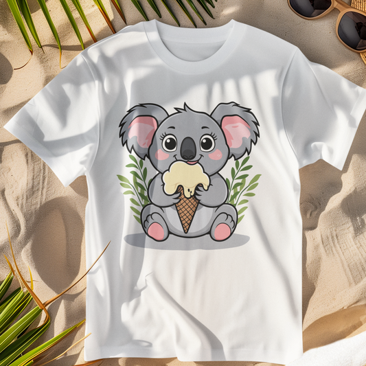 A white t-shirt lies on a sandy surface with palm leaves and sunglasses. The shirt features a cartoon koala with big, round eyes, happily holding and eating a vanilla ice cream cone. Green leafy branches frame the koala.