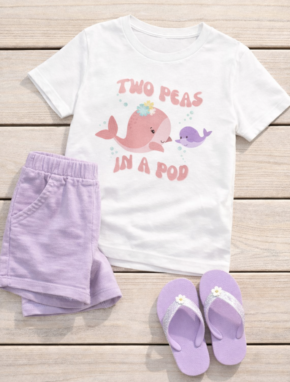 Children's outfit idea with cartoon whale t-shirt for summer styled with lilac shorts, and flip-flops on a wooden surface