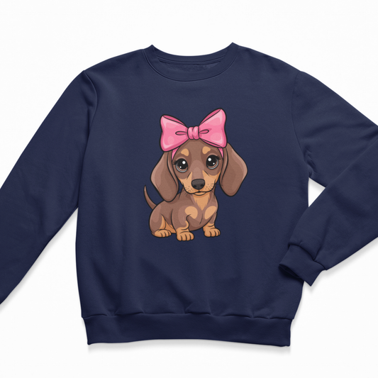 Girls navy sweatshirt with a cute dachshund puppy wearing a big pink bow, kids dog themed jumper.