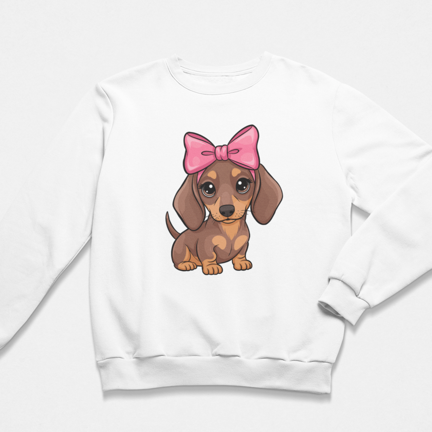 Girls white sweatshirt with a cute dachshund puppy graphic and oversized pink bow, kids dog lover jumper.