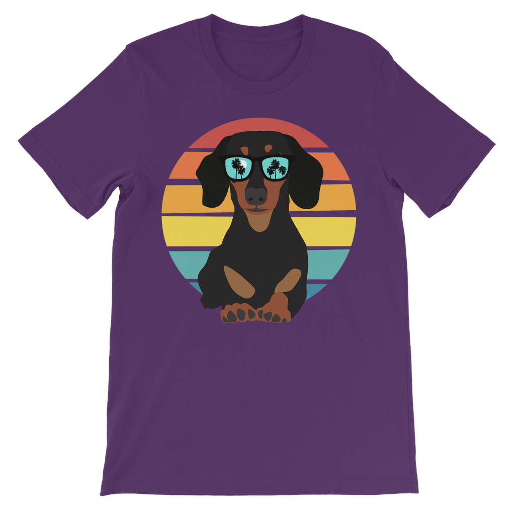 Kids purple dachshund t-shirt with cute sausage dog graphic, children’s cotton tee for boys and girls