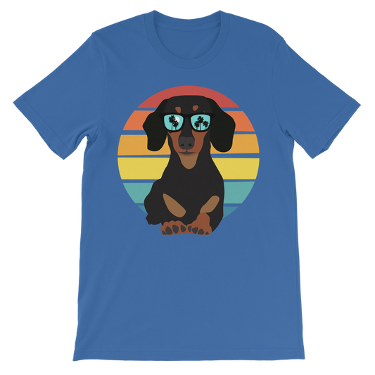 Royal blue kids dachshund t-shirt featuring playful sausage dog design, soft cotton children’s top