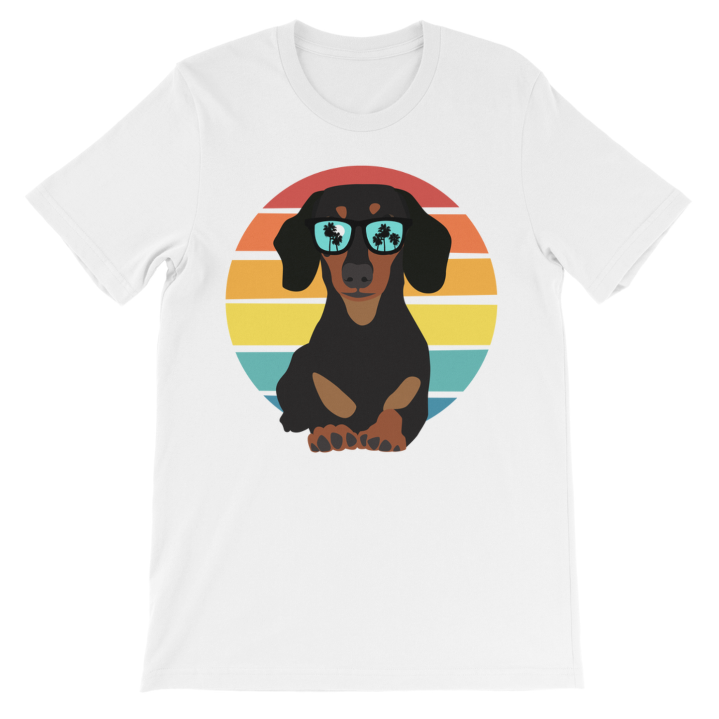 Kids white cotton t-shirt with a retro dachshund in sunglasses graphic.