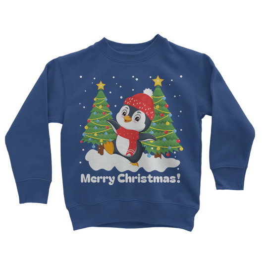 Children's royal blue sweatshirt with a graphic of a dancing penguin between two Christmas trees, with the text 'Merry Christmas!' displayed.
