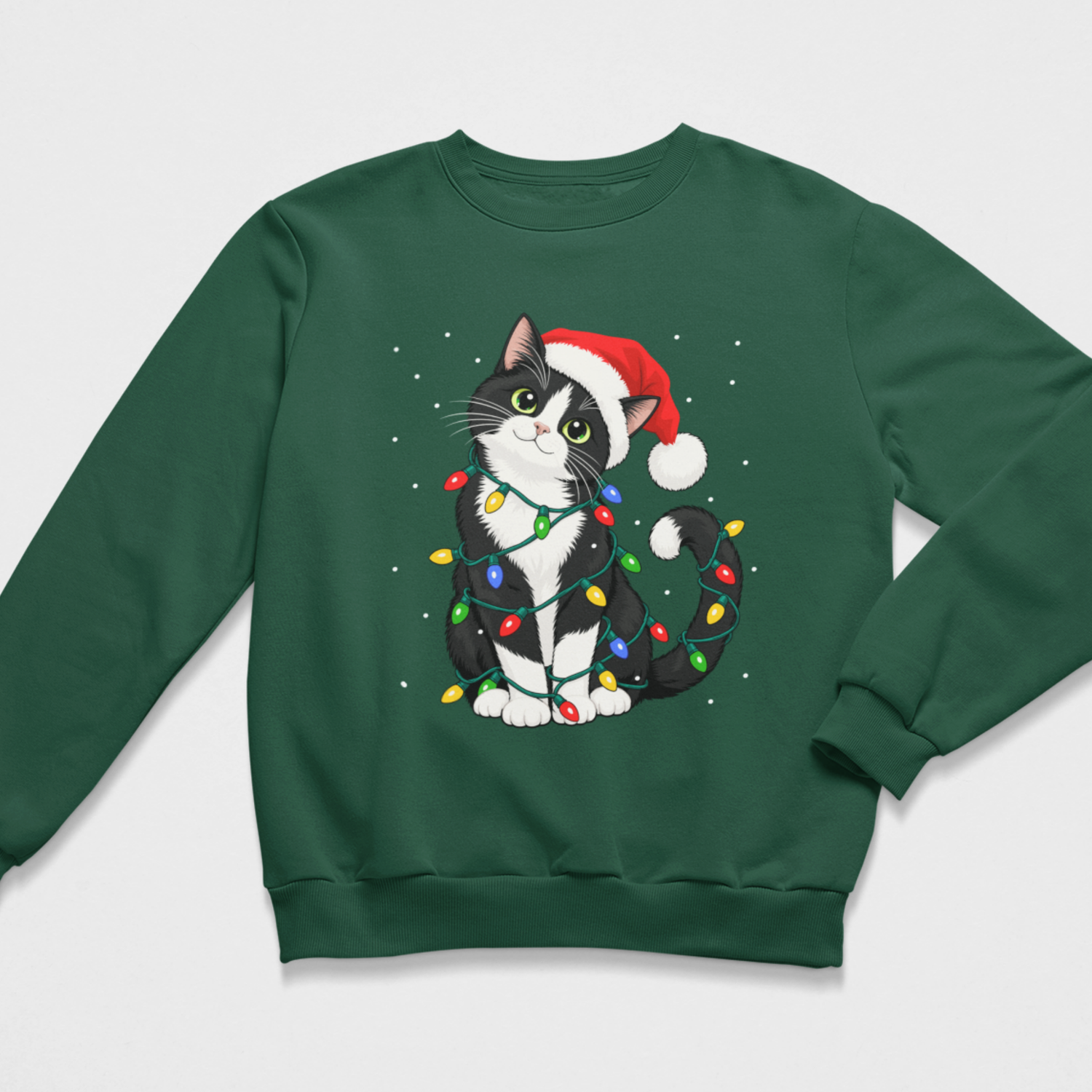 A kids dark green crewneck sweatshirt featuring a graphic of a black and white cat wearing a red Santa hat and wrapped in colourful Christmas lights, displayed on a light grey background.
