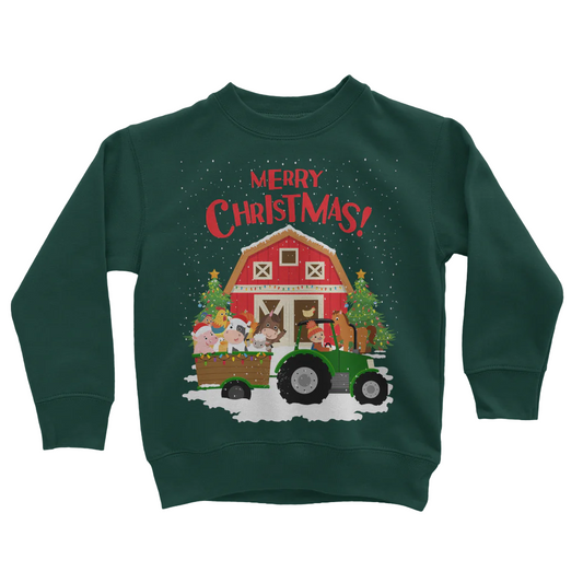 A kids dark green sweatshirt with a Christmas themed farm and animal graphic, including a barn, trees, and festive decorations.