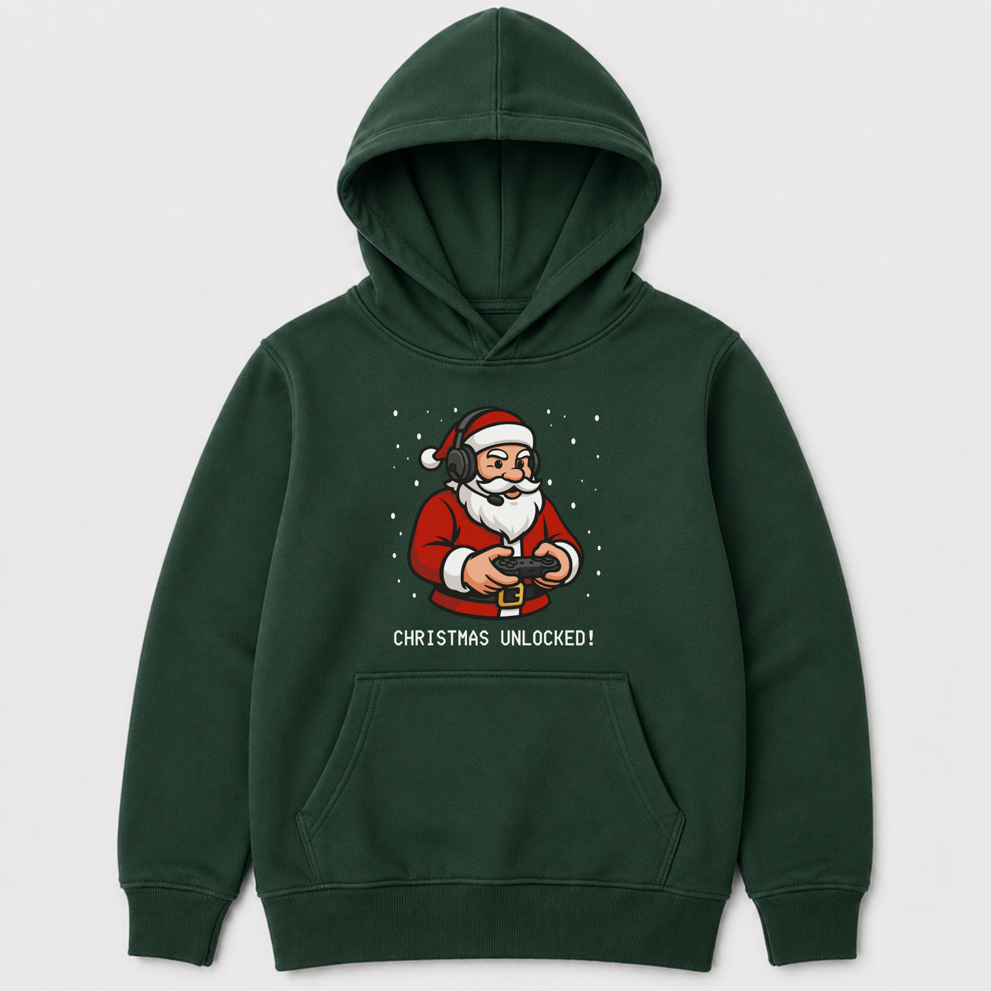 Dark green festive hoodie for kids, laid flat to show the Christmas Unlocked gamer Santa print