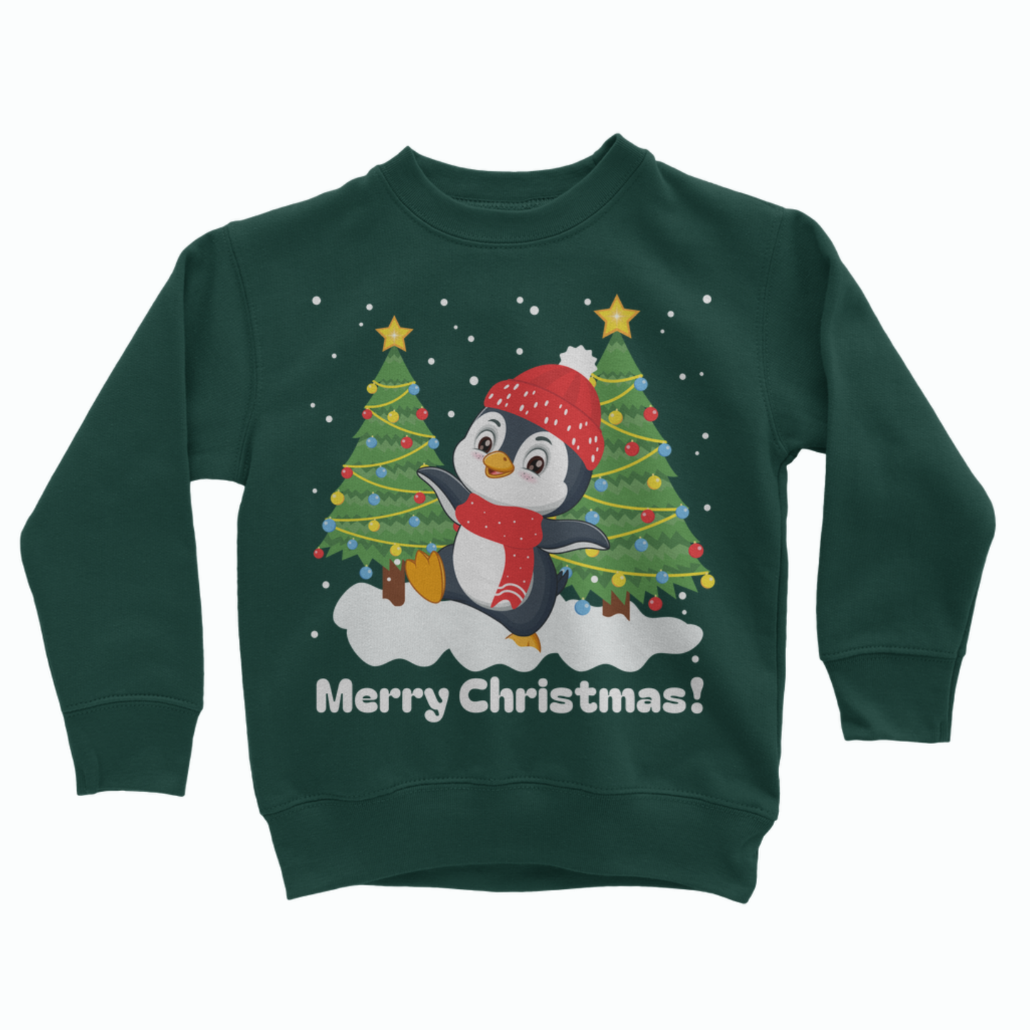 Children’s dark green sweatshirt laid flat, showing a festive penguin between two Christmas trees with gold stars and falling snow.