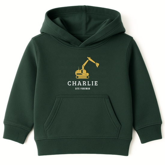Dark green kids hoodie featuring a yellow digger graphic with personalised name and “Site Foreman” text printed on the chest.