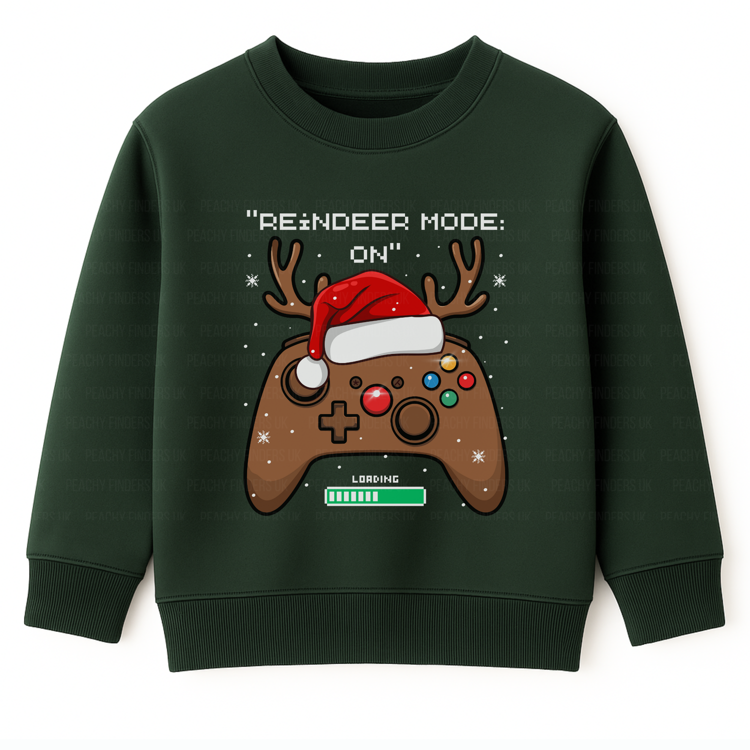 Kids dark green Christmas jumper with a reindeer-themed gaming controller design and the slogan “Reindeer Mode: ON” 