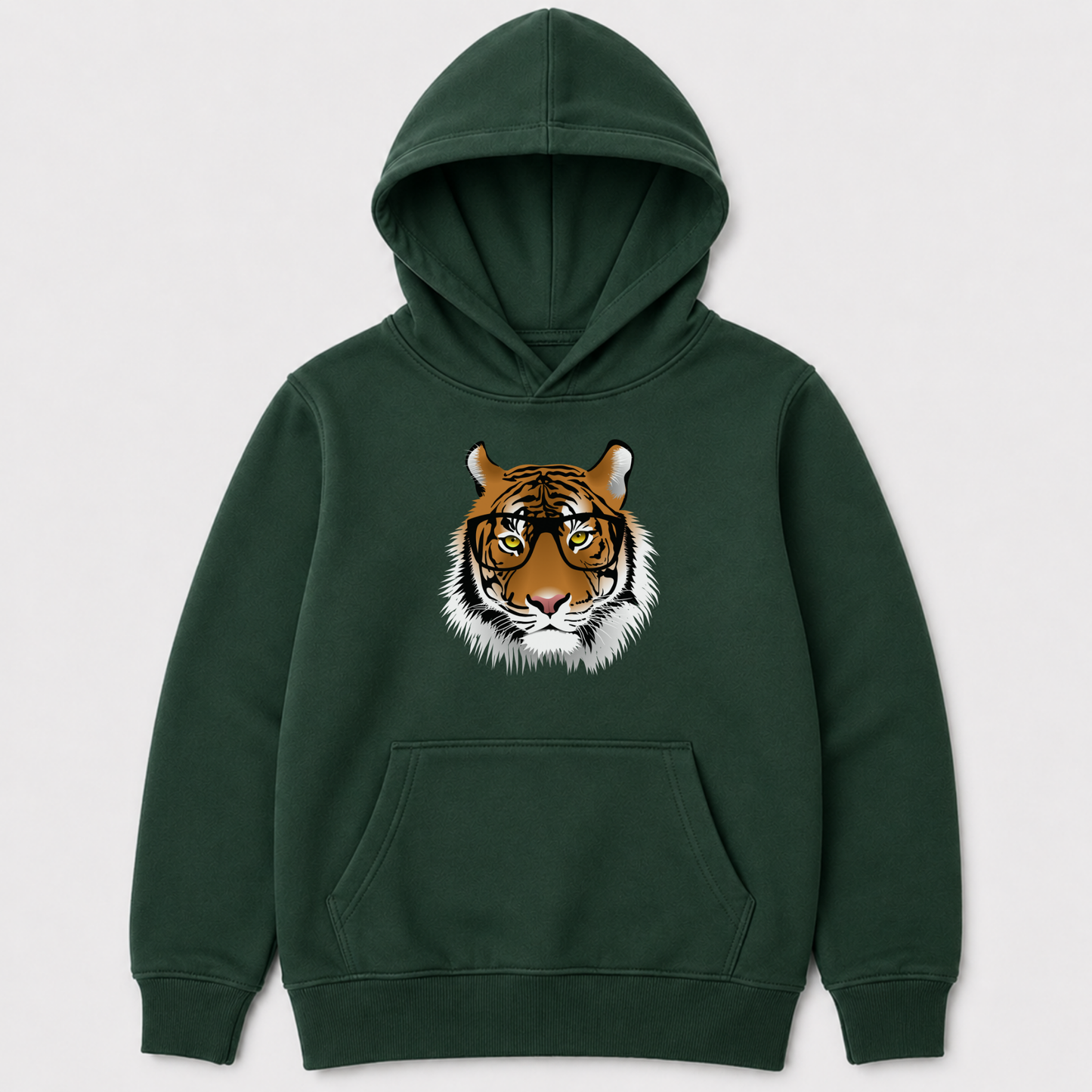 A kids dark green pullover hoodie with a graphic print of a tiger's face wearing glasses on the chest, displayed against a light grey background.