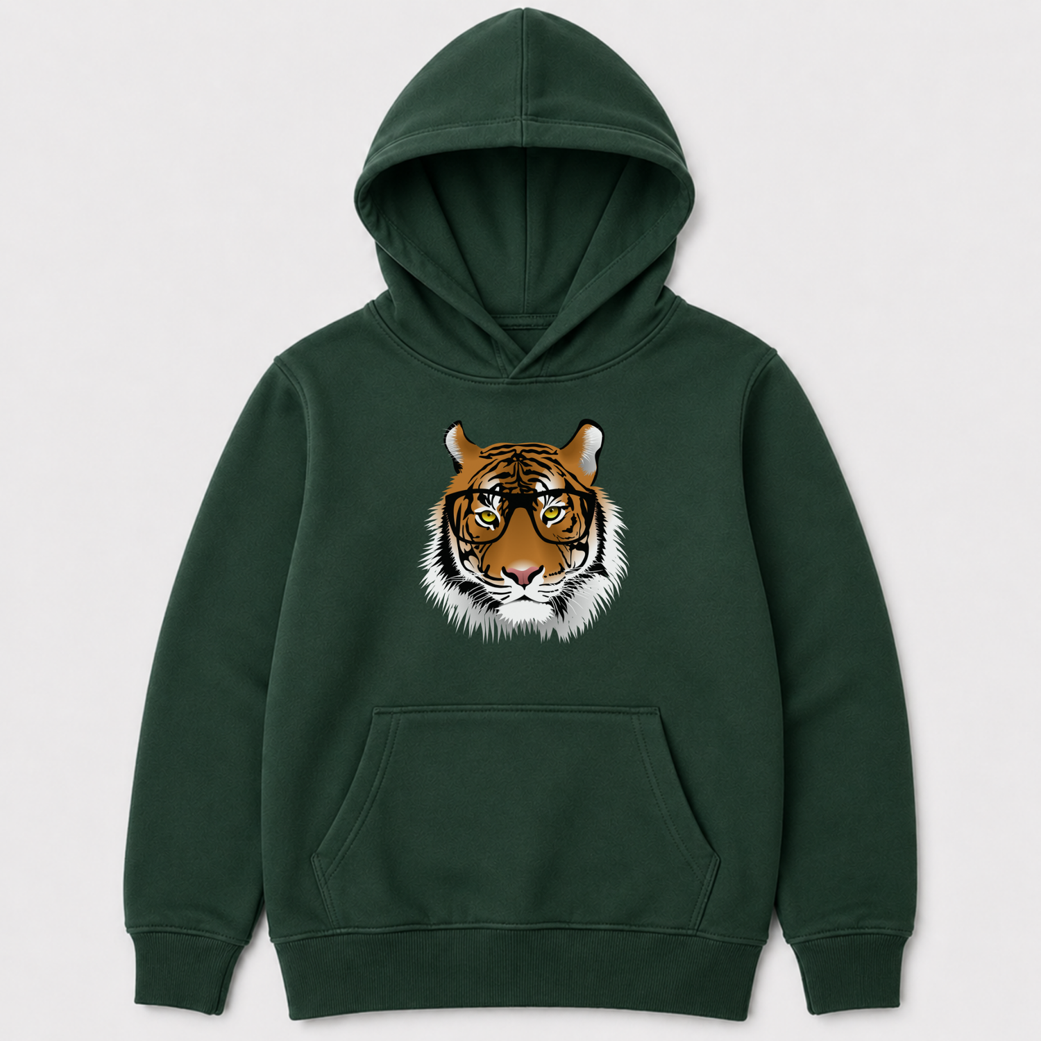A kids dark green pullover hoodie with a graphic print of a tiger's face wearing glasses on the chest, displayed against a light grey background.