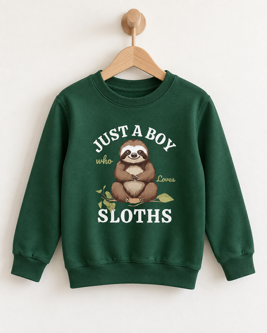Dark-green kids Just a Boy Who Loves Sloths sweatshirt displayed on a wooden hanger and wall hook.