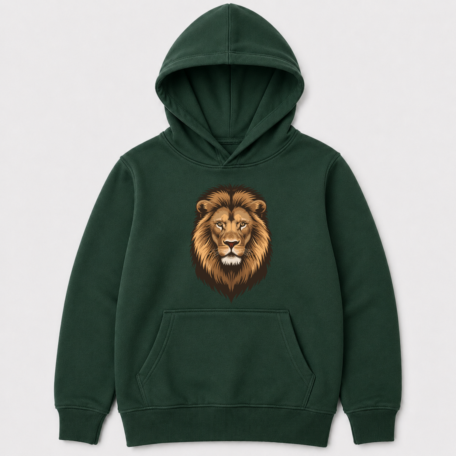 Children's dark green pullover hoodie with a detailed graphic of a male lion's face printed on the chest, displayed against a light grey background.