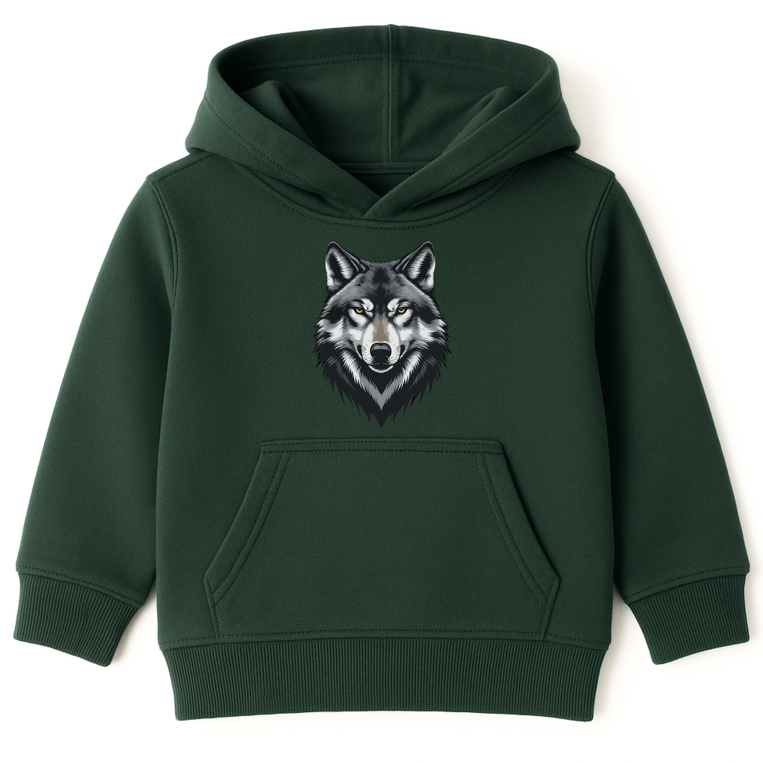 Kids dark green pullover hoodie featuring a bold grey wolf head design on the front