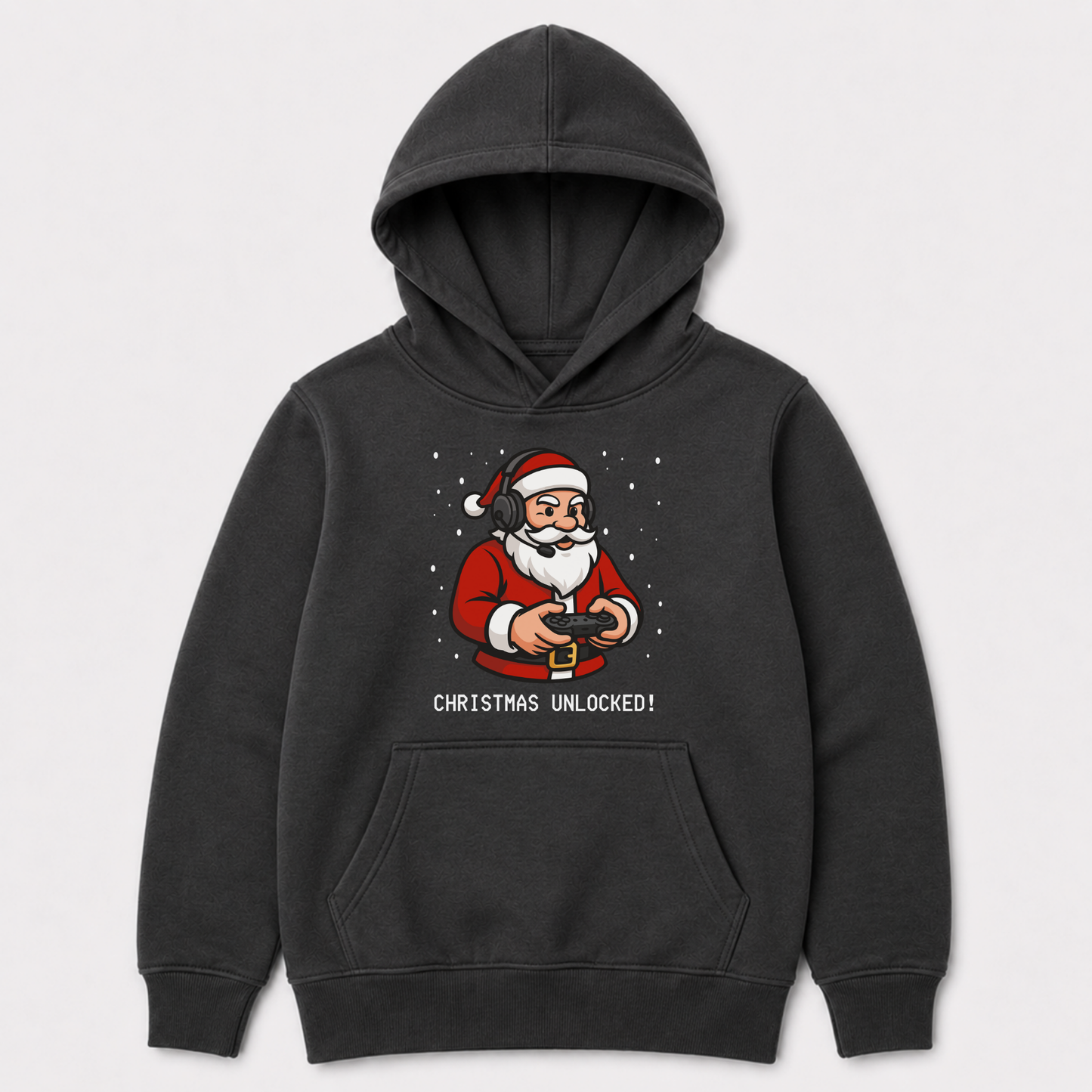 Charcoal grey kids’ hoodie with a Christmas Unlocked Santa gaming graphic across the front