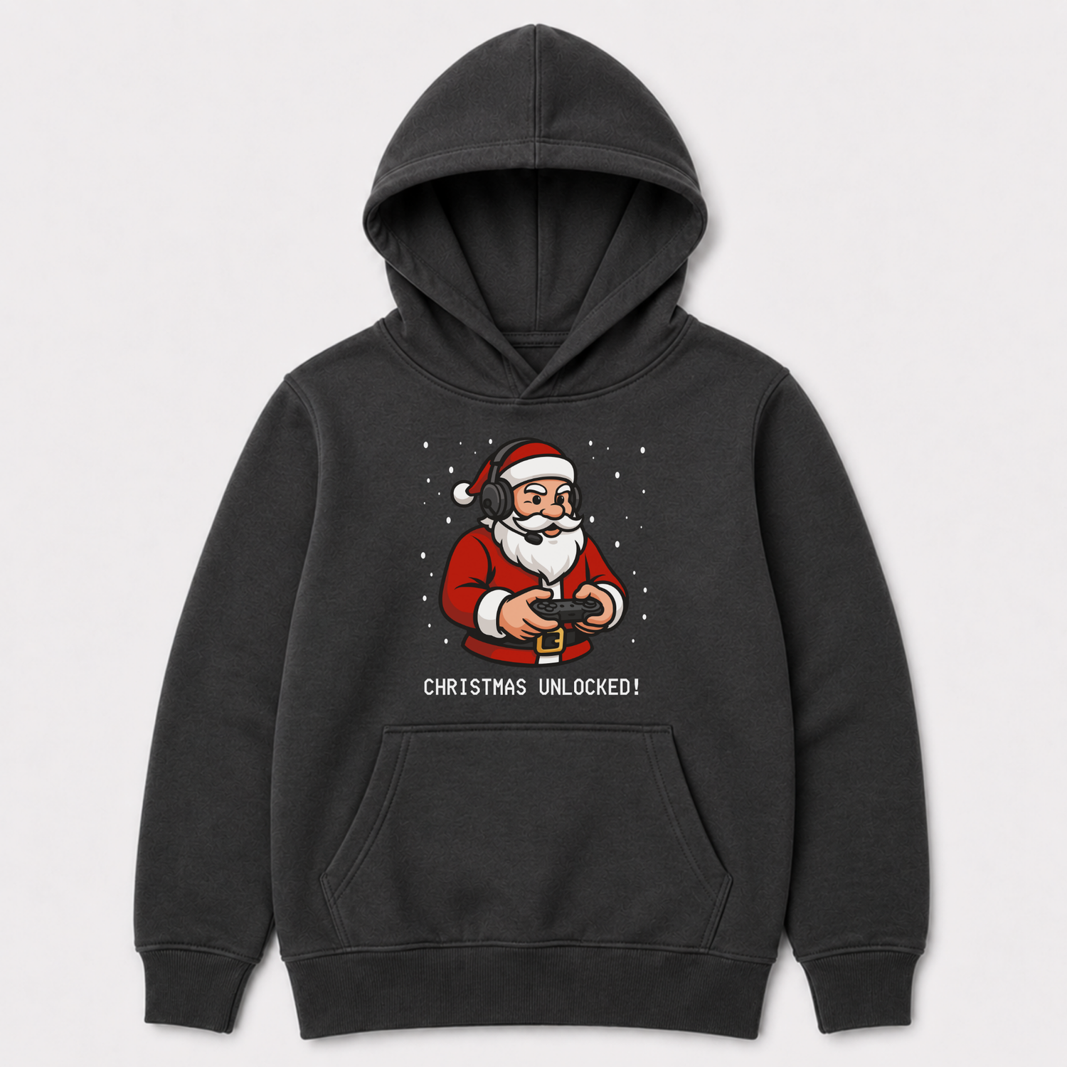Charcoal grey kids’ hoodie with a Christmas Unlocked Santa gaming graphic across the front