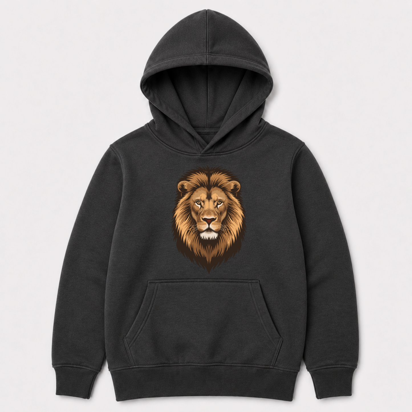 A kids dark charcoal grey pullover hoodie with a detailed graphic of a lion's face on the chest, displayed against a light grey background.