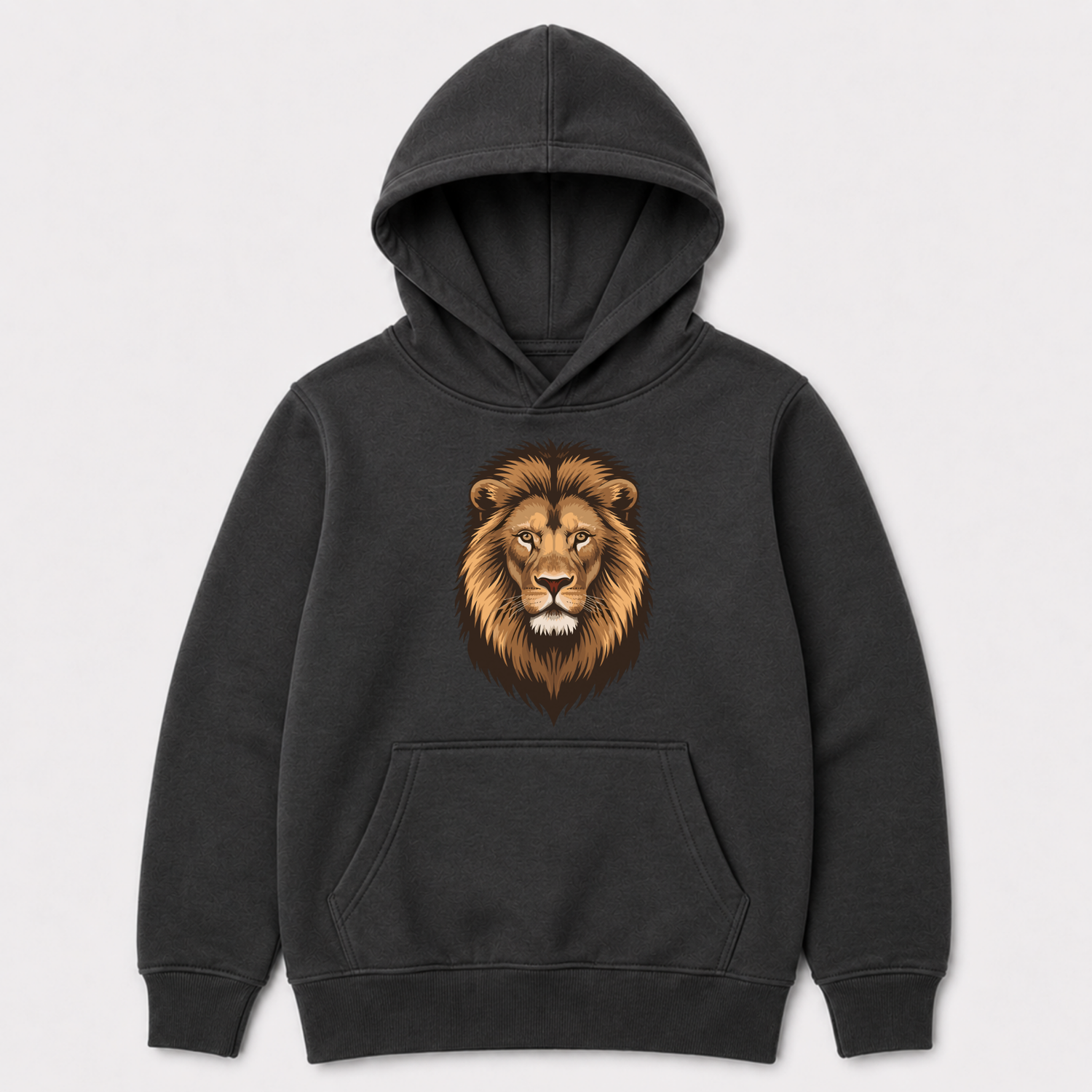 A kids dark charcoal grey pullover hoodie with a detailed graphic of a lion's face on the chest, displayed against a light grey background.