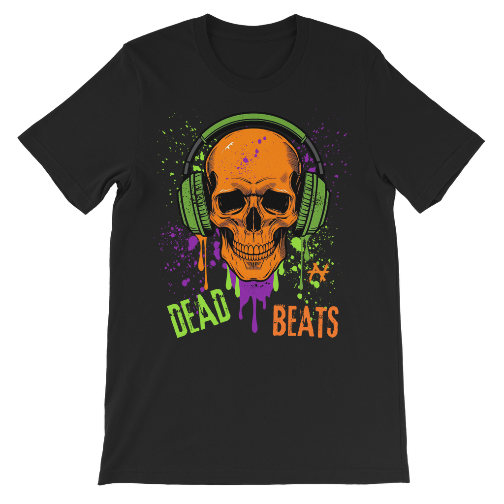 Kids Dead Beats graffiti skull t-shirt flat lay on white background, black cotton children’s tee with headphones graphic