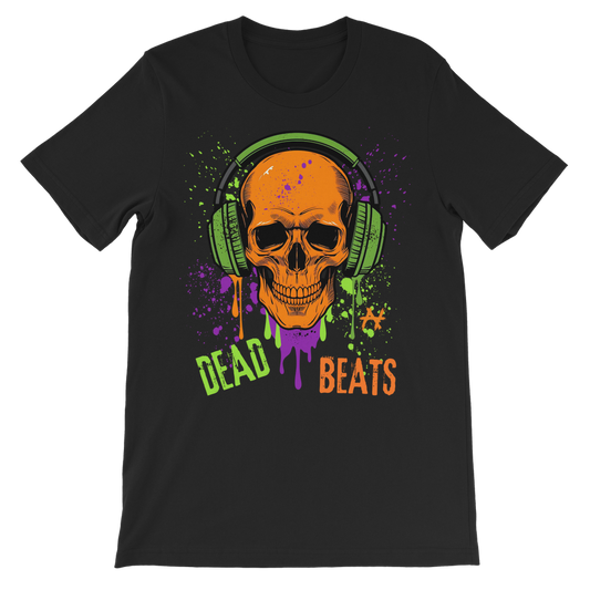 Kids Dead Beats graffiti skull t-shirt flat lay on white background, black cotton children’s tee with headphones graphic