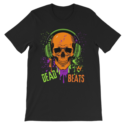 Kids black cotton t-shirt featuring orange skull with green headphones and colourful paint splashes and drips, ‘Dead Beats’ grunge text.