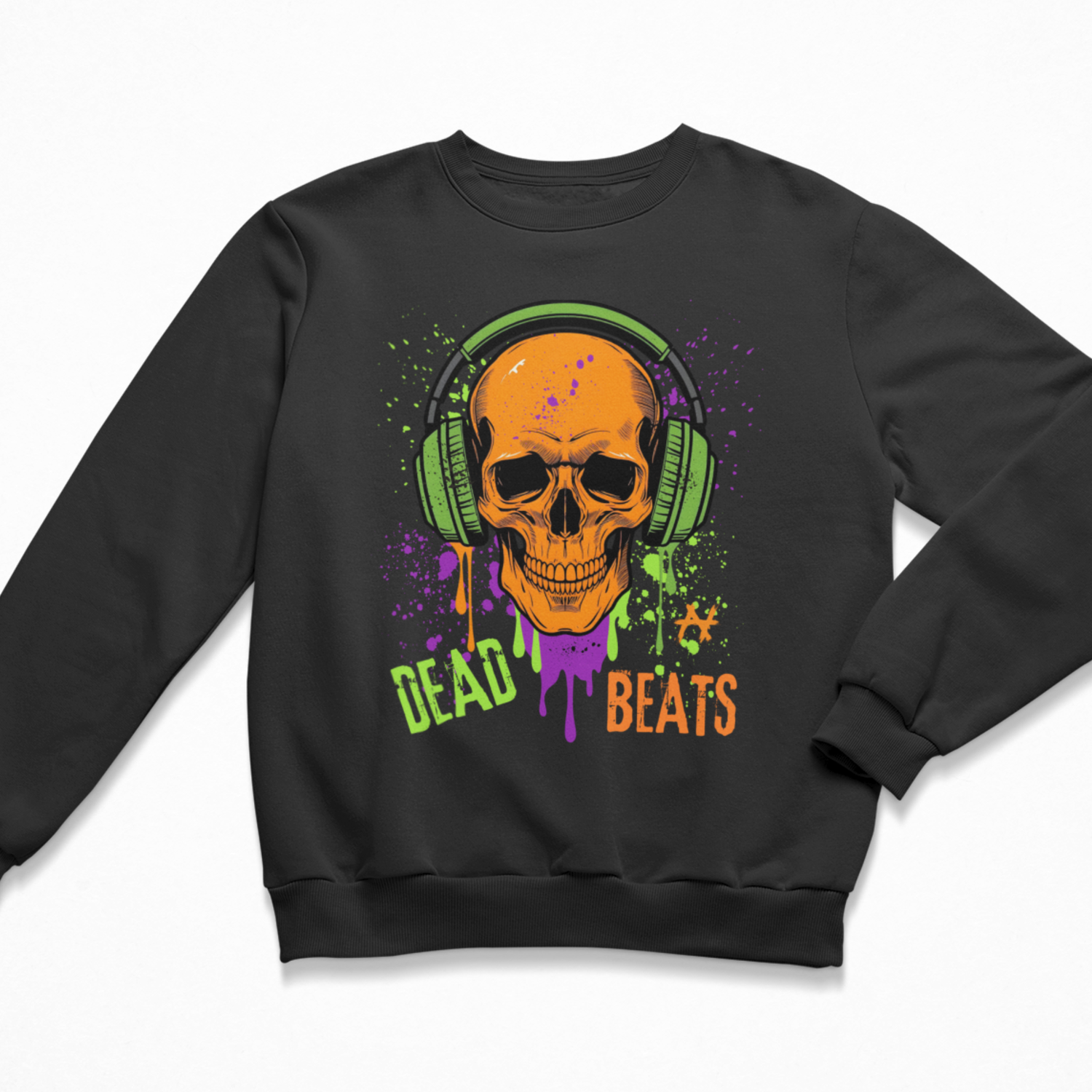 Kids black sweatshirt featuring Dead Beats skull with headphones design, graffiti style children’s jumper