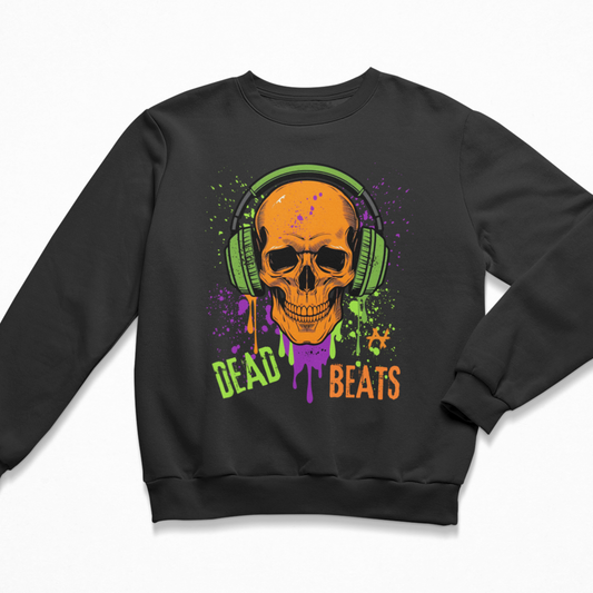Kids "Dead Beats" sweatshirt featuring orange skull with headphones and neon splatter design – front view on black crewneck