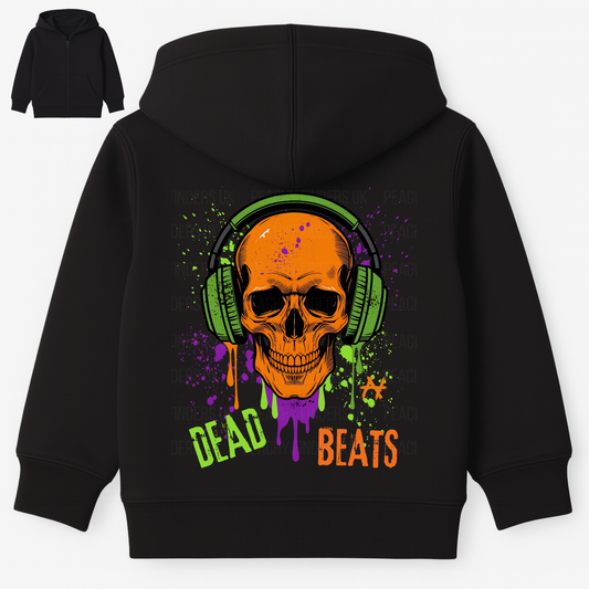 Close-up of Dead Beats graffiti skull design on kids zip hoodie in black.