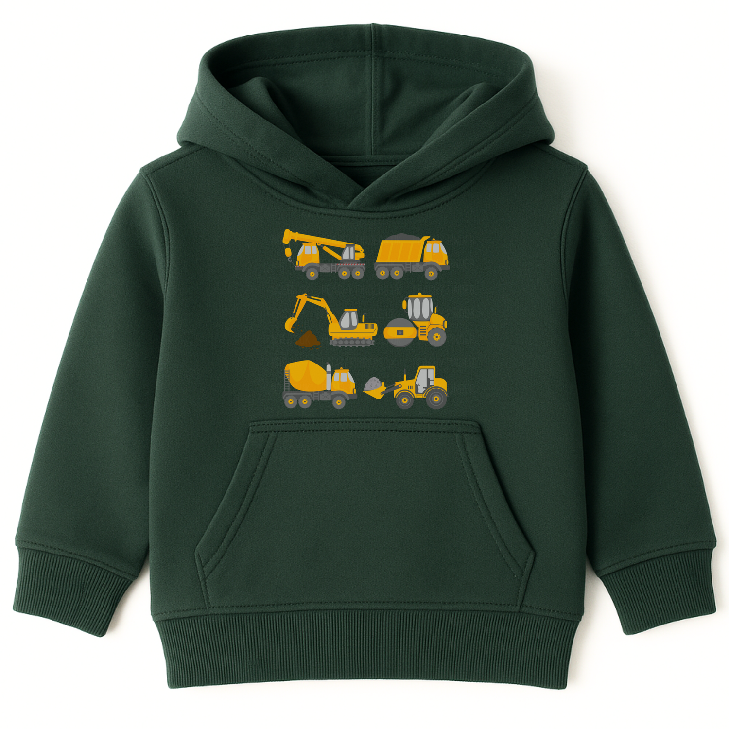 Kids dark green hoodie with a row of yellow construction vehicles and diggers printed on the front.