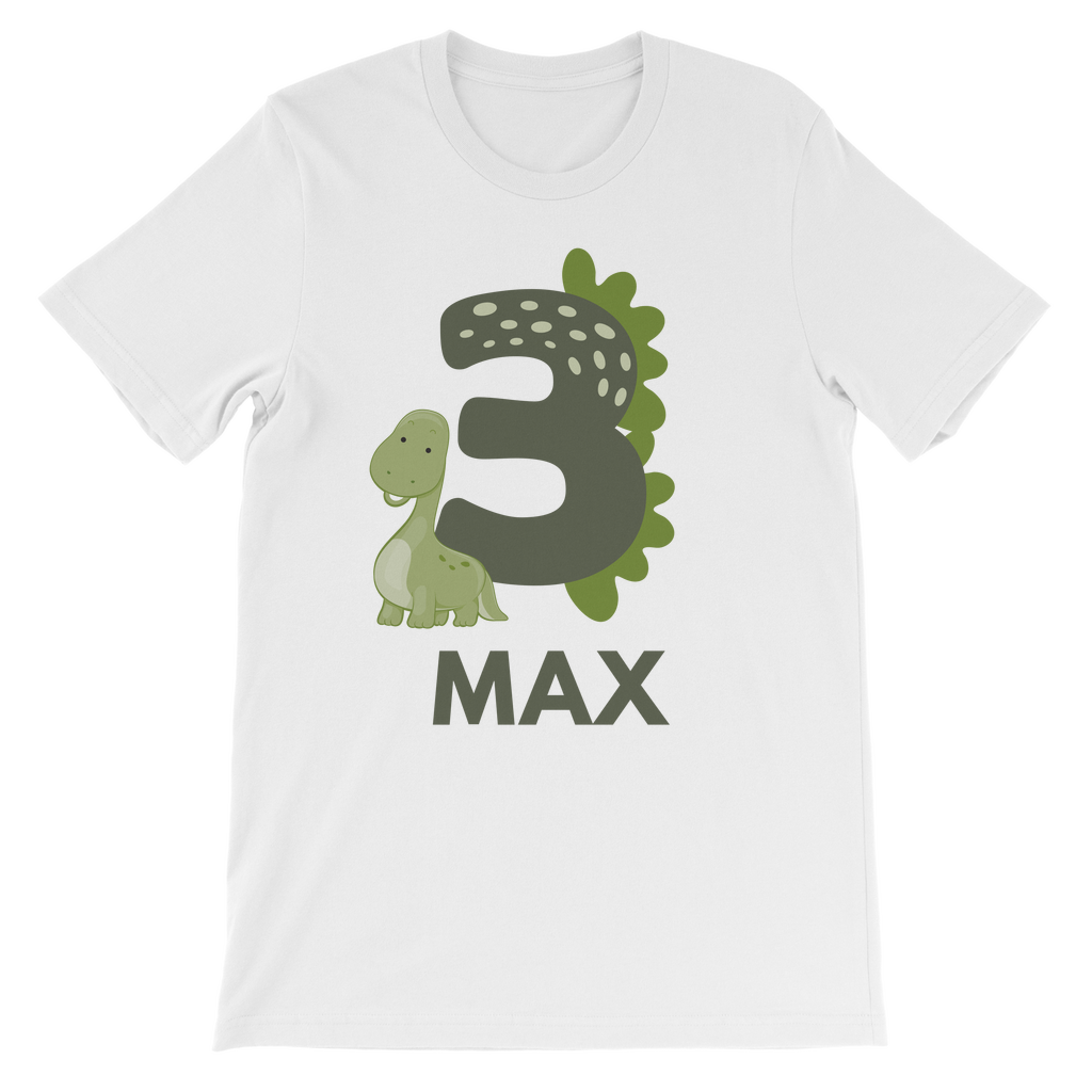 Personalised 3rd birthday dinosaur t-shirt with name Max, neutral green number three birthday shirt flat lay product image