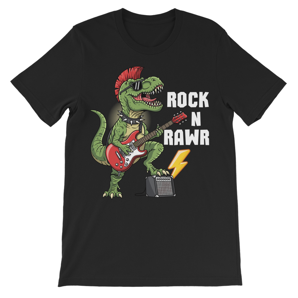 Kids ‘Rock N Rawr’ dinosaur guitar black cotton T-shirt – T-Rex playing red electric guitar with lightning bolt.
