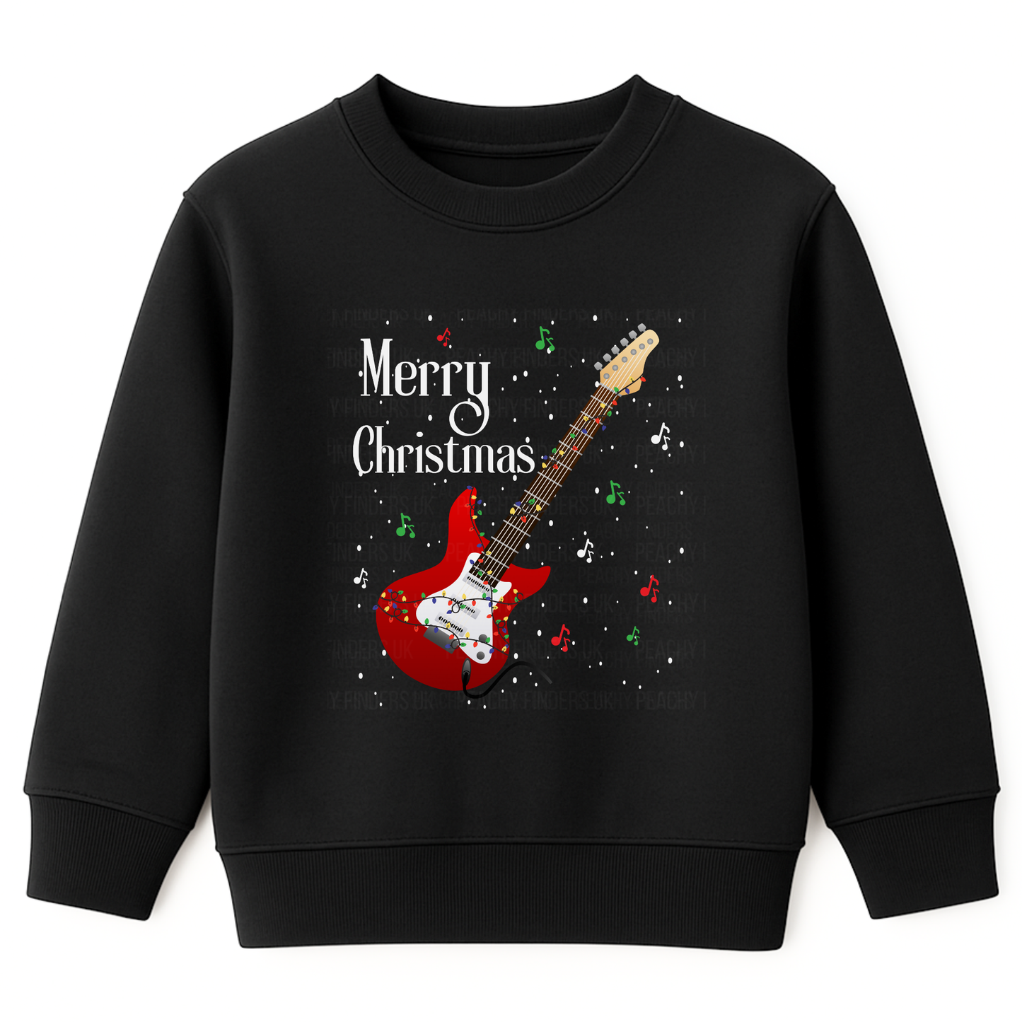 Kids black sweatshirt with a red electric guitar, festive musical note and 'Merry Christmas' text 
