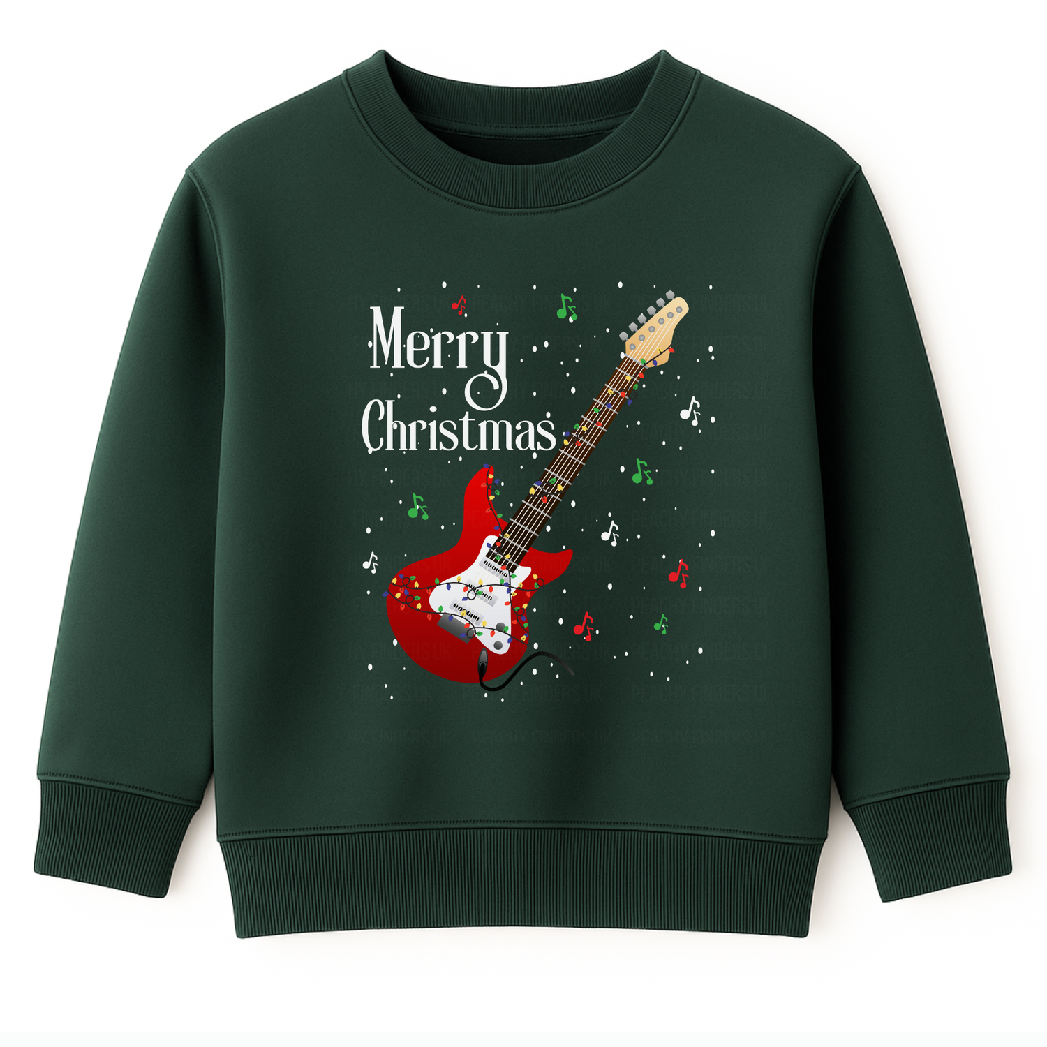Kids dark green sweatshirt with a red electric guitar, festive musical note and 'Merry Christmas' text 