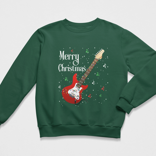 Dark-green kids’ Christmas jumper featuring a red electric guitar, festive lights, musical notes and Merry Christmas wording.