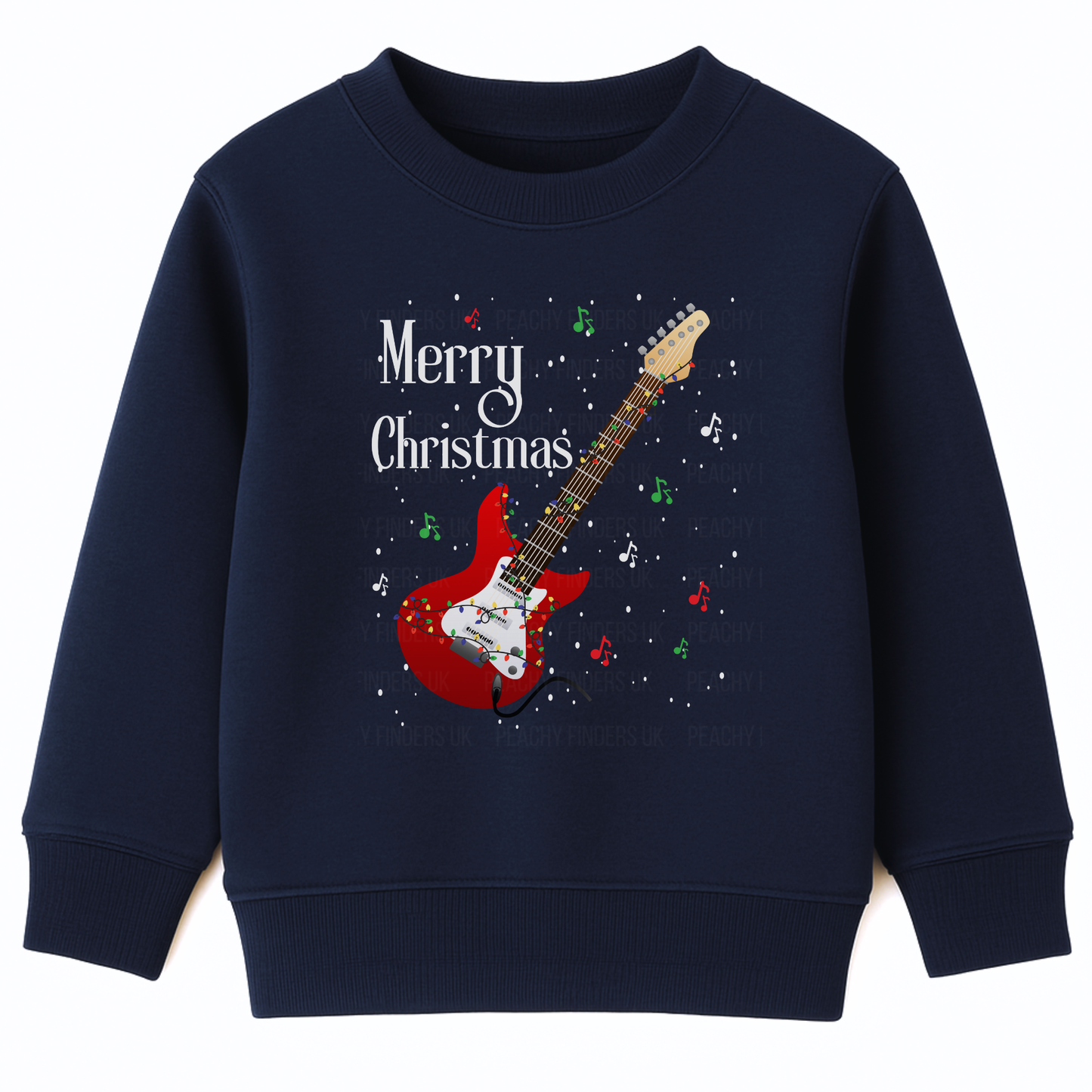 Kids navy sweatshirt with a red electric guitar, festive musical note and 'Merry Christmas' text 