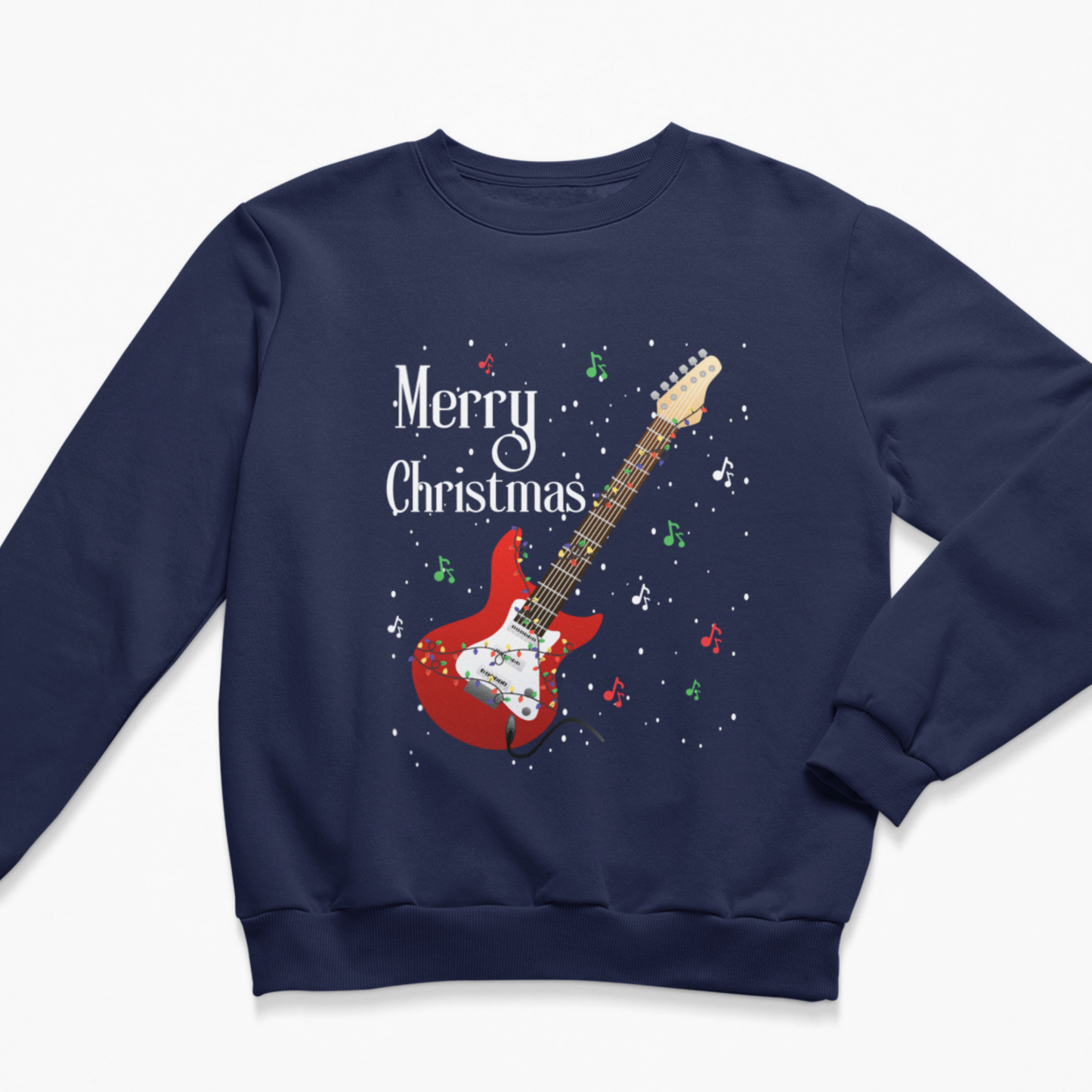 Navy children’s Christmas jumper with a red electric guitar wrapped in colourful lights and surrounded by musical notes and snow.