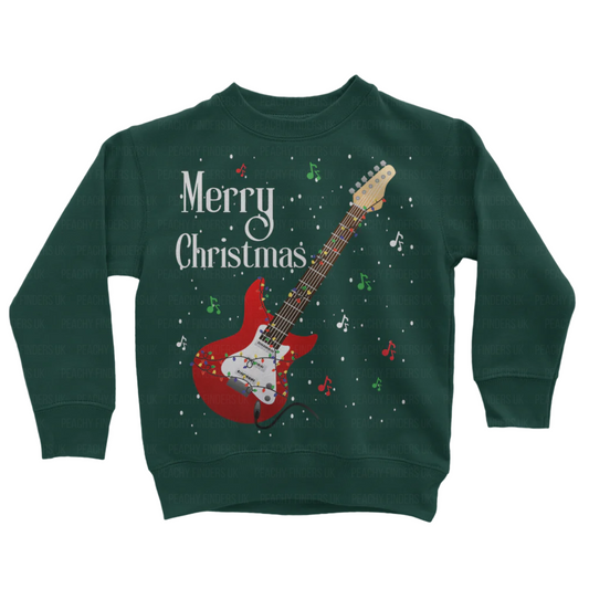 Kids dark green sweatshirt with Christmas-themed red guitar design and 'Merry Christmas' text on a white background