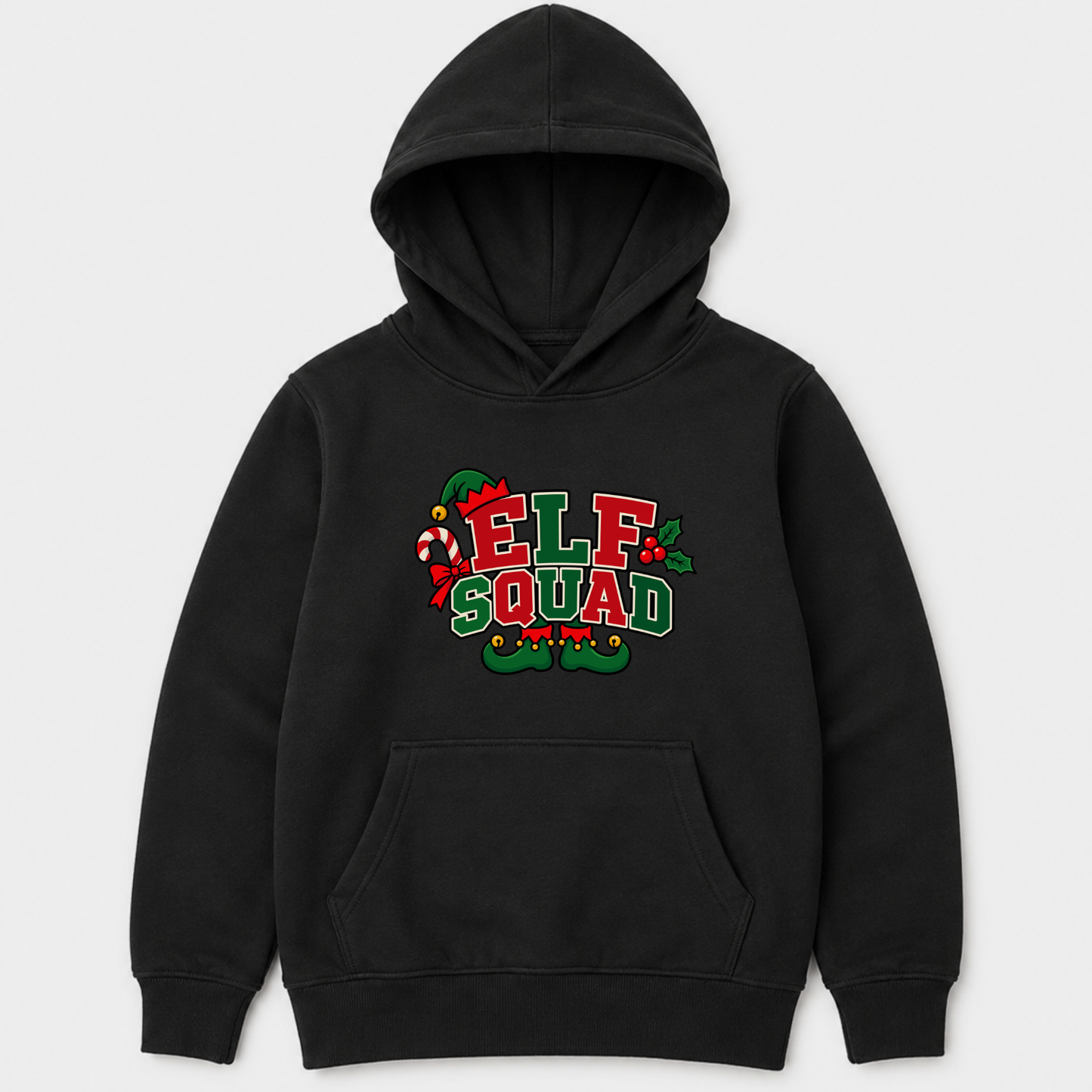 A black kids' pullover hoodie with a festive 'ELF SQUAD' graphic on the chest, featuring red and green lettering with holiday illustrations, shown against a light grey background.