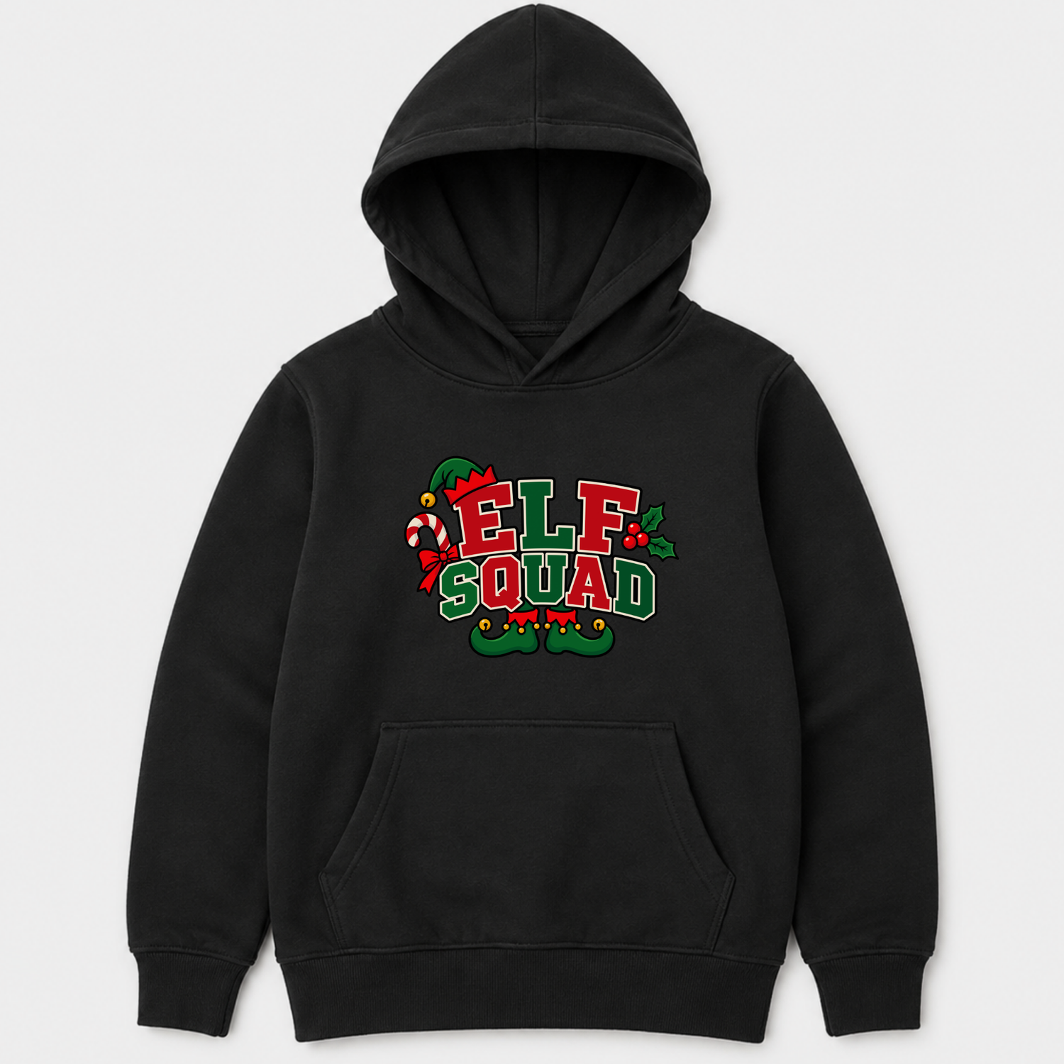 A black kids' pullover hoodie with a festive 'ELF SQUAD' graphic on the chest, featuring red and green lettering with holiday illustrations, shown against a light grey background.