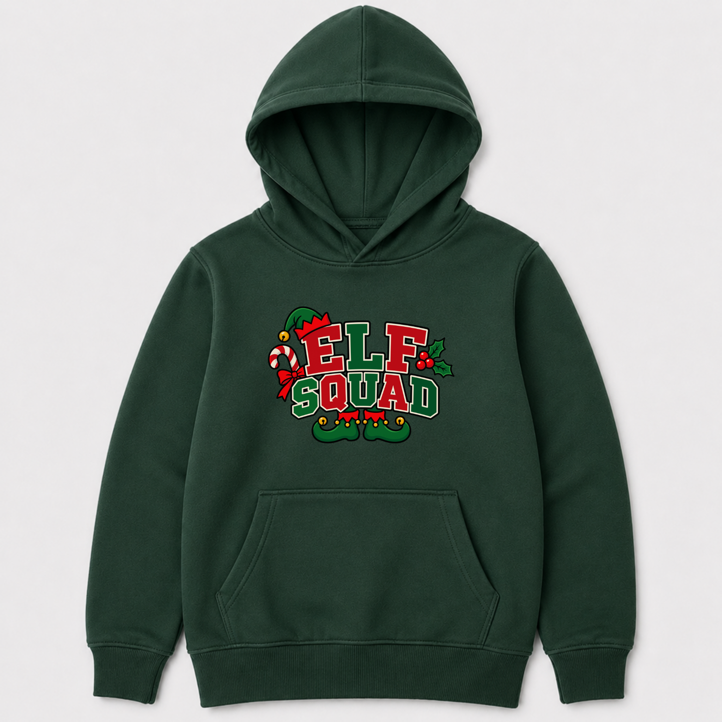 A dark green pullover hoodie with a festive 'ELF SQUAD' graphic on the chest, featuring red and green lettering with candy cane and elf illustrations, shown against a light grey background.