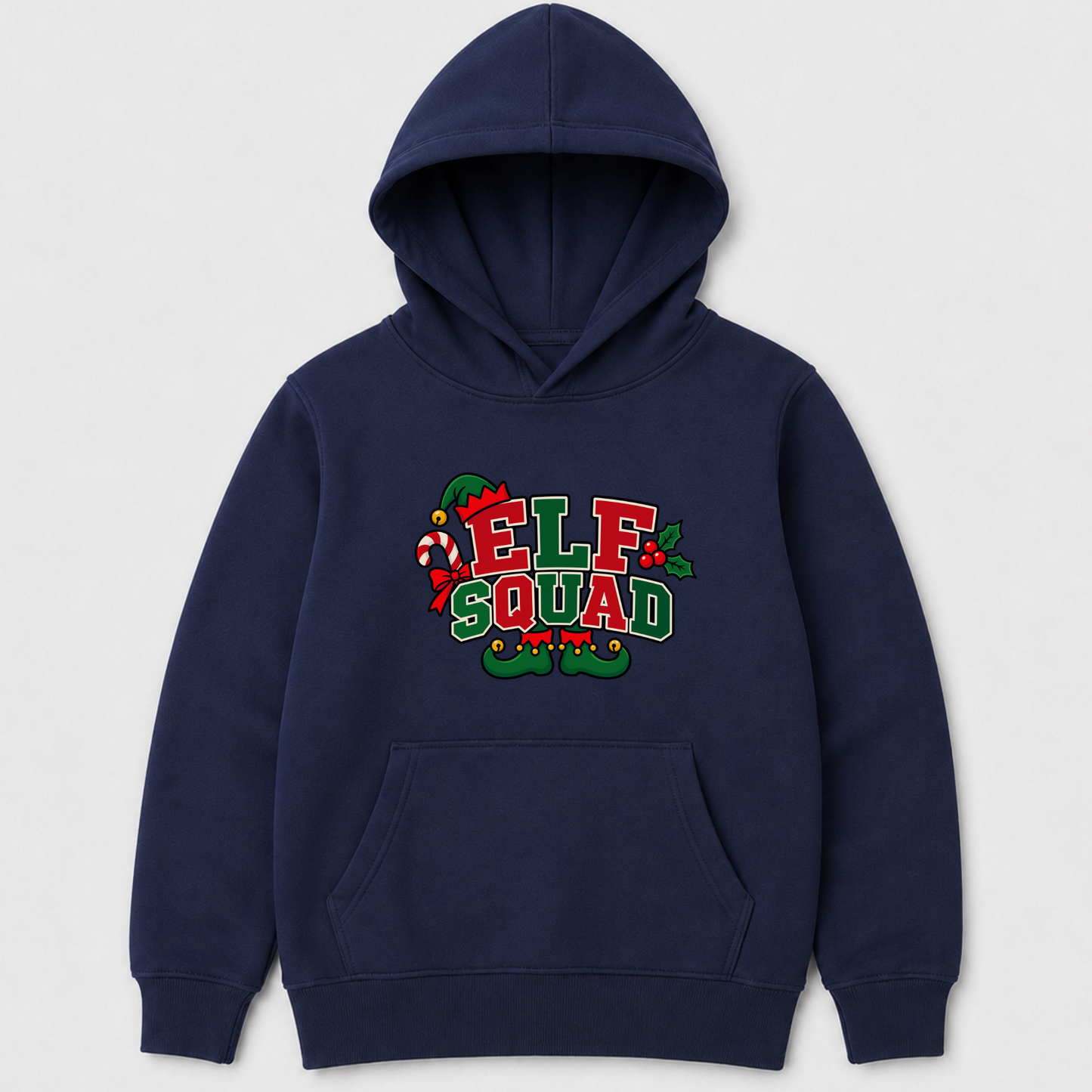A navy blue pullover hoodie with a festive 'ELF SQUAD' graphic on the chest, featuring red, green, and white holiday-themed lettering with a candy cane and holly accents, shown on a light grey background.