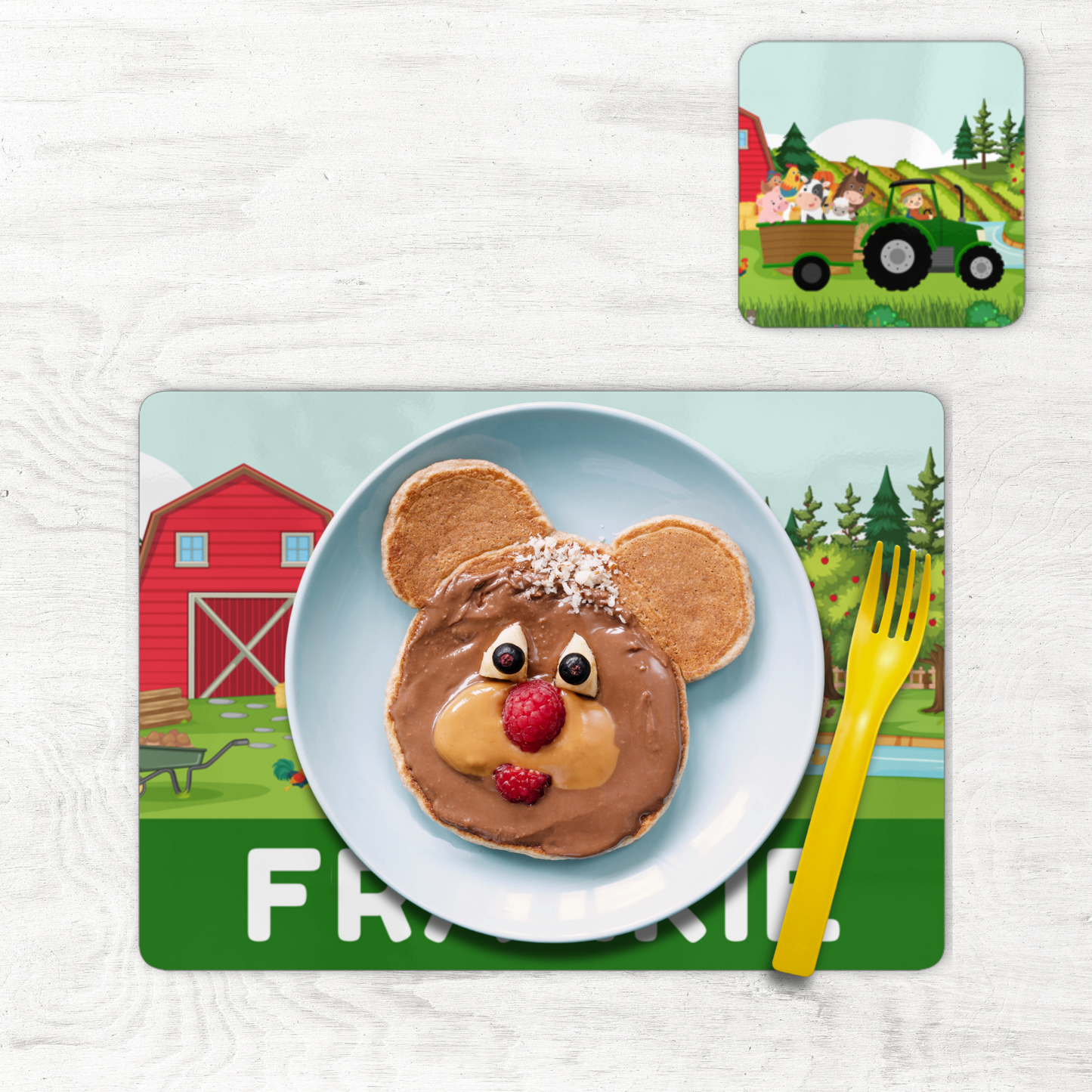 Kids Personalised Farm Tractor Placemat & Coaster Set – Green Tractor & Animals