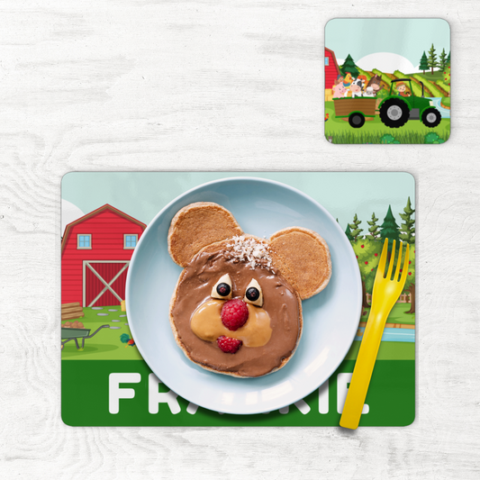 Kids Personalised Farm Tractor Placemat & Coaster Set – Green Tractor & Animals