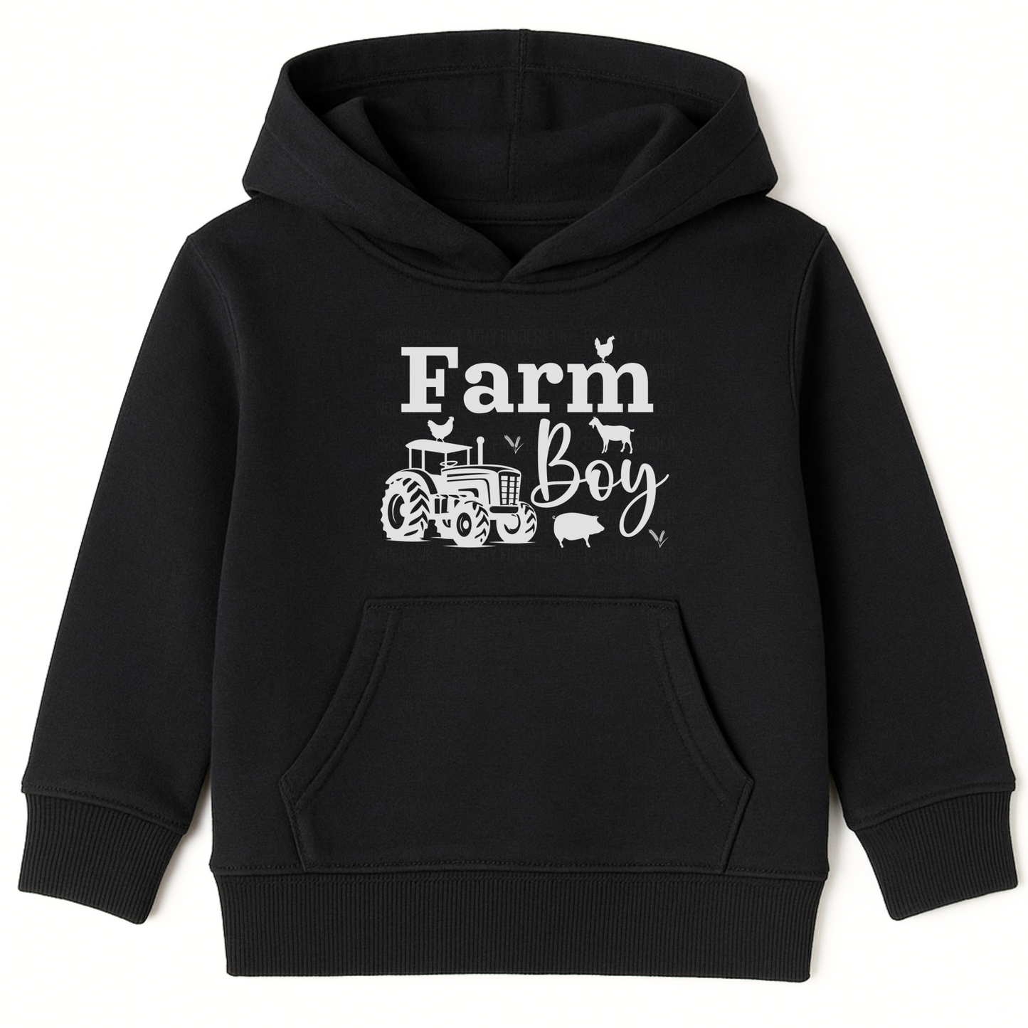 Kids black pullover “Farm Boy” hoodie with white tractor and farm animal design.